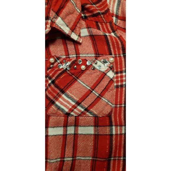 Justice‎ Red Plaid Sparkle Flannel Shirt Kids Size 14 Embellished Pocket - Picture 5 of 8